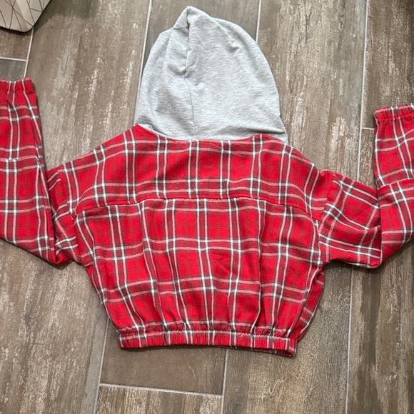 HYFVE Red Plaid Flannel Hoodie with Gray Hood - Picture 5 of 9